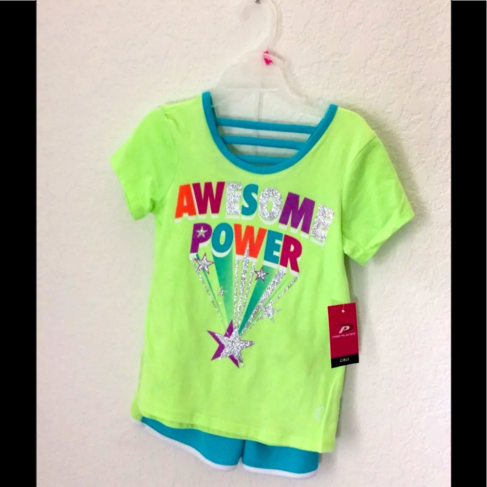 NEW!!!  Pro Player 5T-6T Girl 2-Piece Set Green Stars Shirt Blue Short Summer